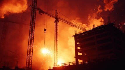 Construction fire incident urban site photo nighttime dramatic perspective catastrophe