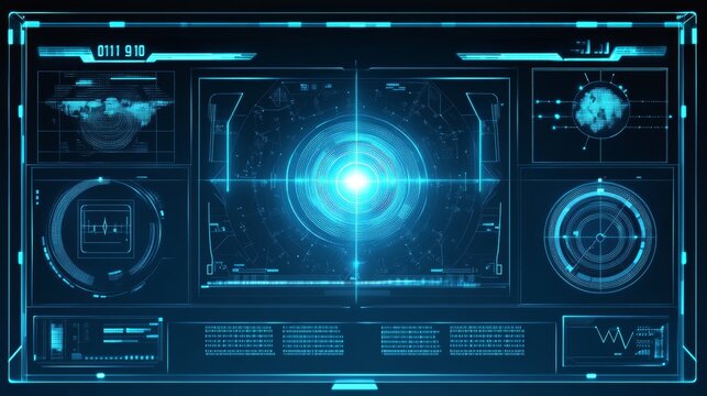 Futuristic technology digital holographic element with laser glow effect, arrow, callout border, and radar scanning in dark and light blue tones, symbolizing innovation and advanced data analysis