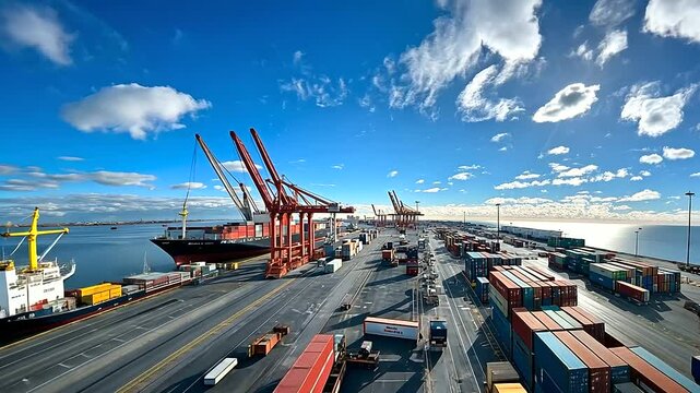 A panoramic view of a busy port, with cranes unloading containers onto trucks, a large cargo ship docked in the background, symbolizing the speed of intermodal transport