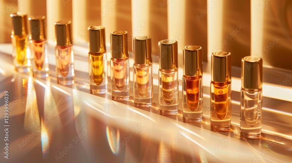 Poster a collection of perfume bottles is displayed in a linear arrangement, showcasing various shades of l