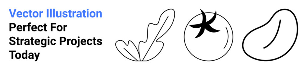 Minimal line drawings of lettuce leaf, tomato with stem, and bean, emphasizing simplicity and organic concepts. Ideal for healthy eating, sustainability, farming, eco-living, minimalism fresh