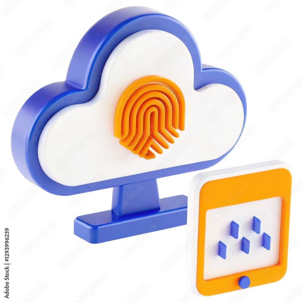 Poster cloud storage symbol with fingerprint, emphasizing digital security and technology.