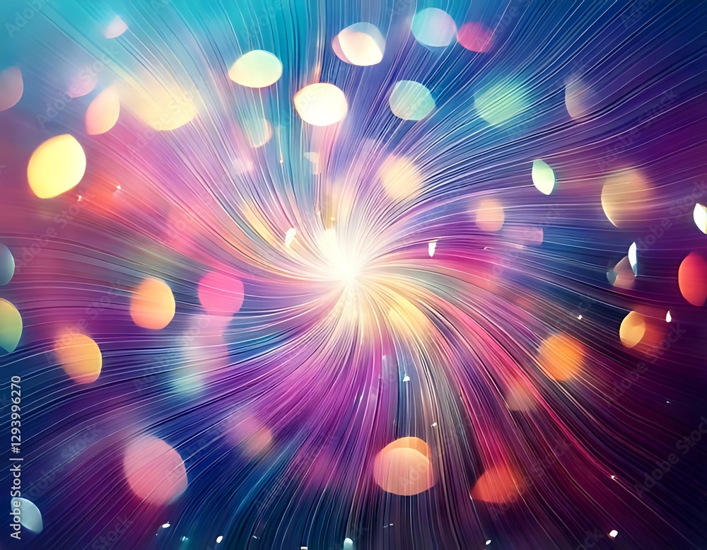Poster vibrant and dynamic abstract image featuring colorful light rays and shimmering bokeh effects.