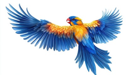 Obraz premium A vibrant watercolor showcases a blue and orange lorikeet mid-flight with wide-spread wings, gliding elegantly to the left