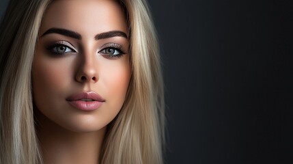 Naklejka premium Portrait of a young, sexy blonde woman with long straight hair, posing in a studio. Close-up shot highlighting her smokey eye makeup and flawless beauty, radiating confidence and elegance