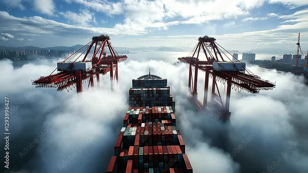 Poster a time-lapse shot of cranes unloading cargo containers from a large container ship, symbolizing the 