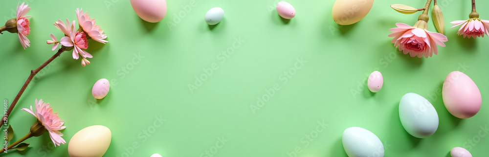 Poster easter table setting features eggs and floral decor on a vibrant green background in a stylish flat 