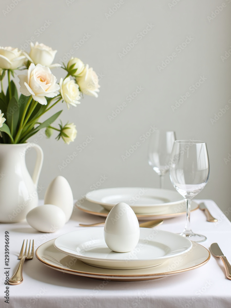 Poster easter table setting features a minimalist approach with simple decorations and a neutral floral bac