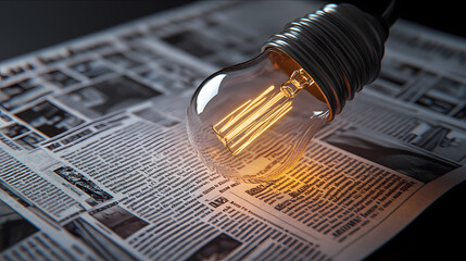 Newspaper with glowing light bulb on it