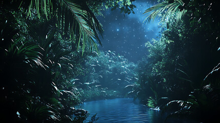 Obraz premium A Mysterious Jungle Scene at Night with Glowing Fireflies, Tall Trees, and a Moonlit Sky