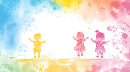 un fondo creativo colorido pintado en acuarela con niños sobre el fondo brincando y felices por el dia del niño