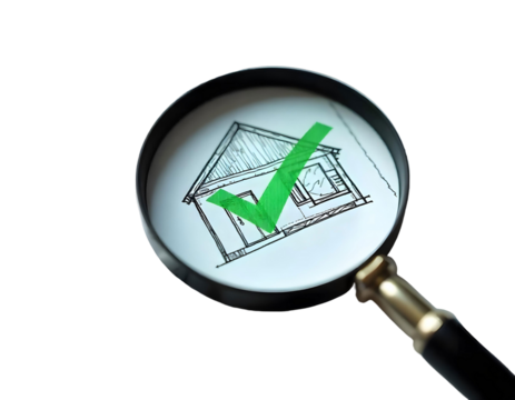 A magnifying glass over a house. The house has a green check mark on it.