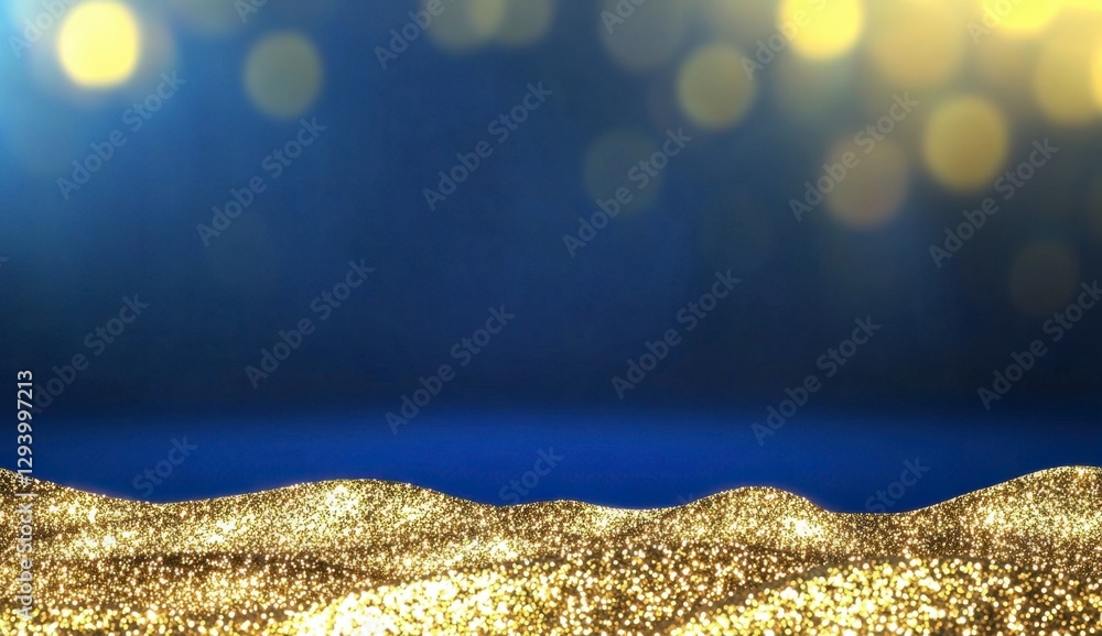 Poster golden glitter texture on a dark blue background with bokeh lights. abstract festive backdrop with s