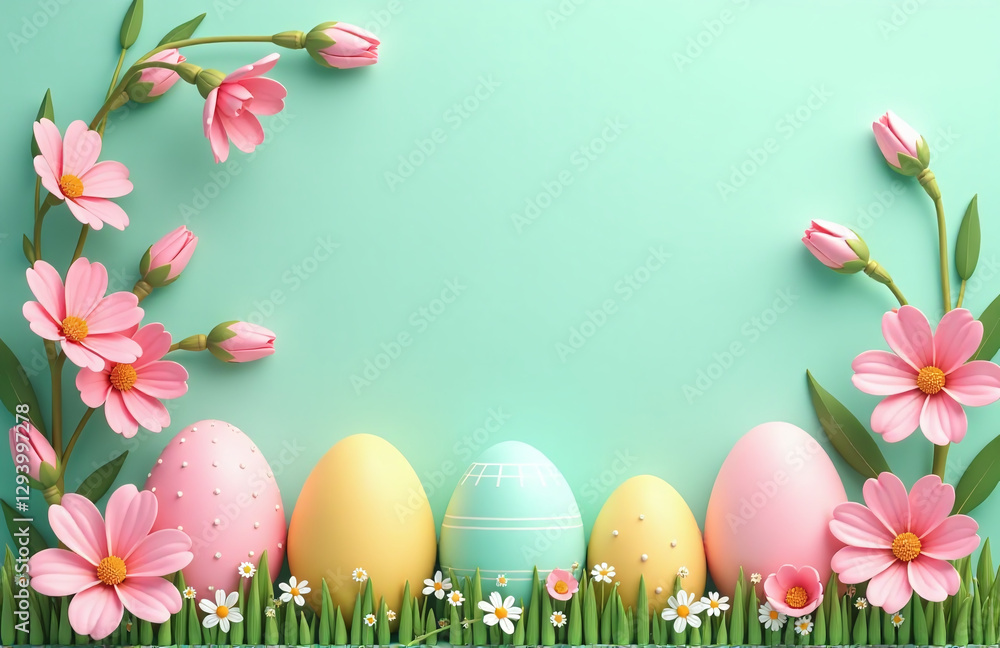 Poster easter eggs surrounded by flowers on a soft pastel green background create a colorful and inviting h