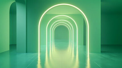 A green-toned interior with arches