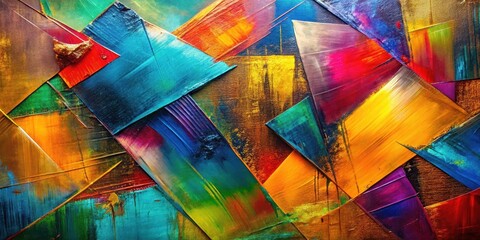 Geometric shapes and vibrant colors blend with expressive brushstrokes on a metallic canvas surface , abstract art, dynamic brushstrokes
