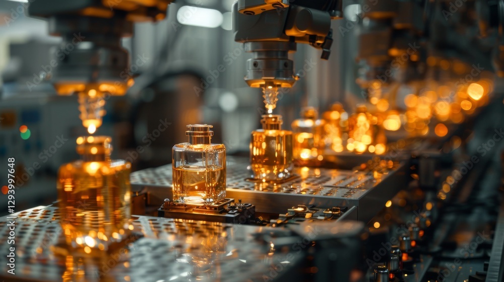 Poster workers are engaged in the process of filling clear glass bottles with golden essential oil at a man