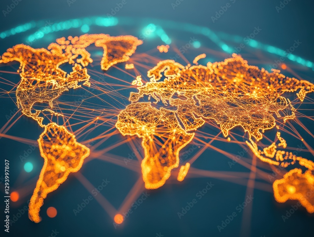 Poster global network connection with orange lines and dots on a dark blue background representing worldwid