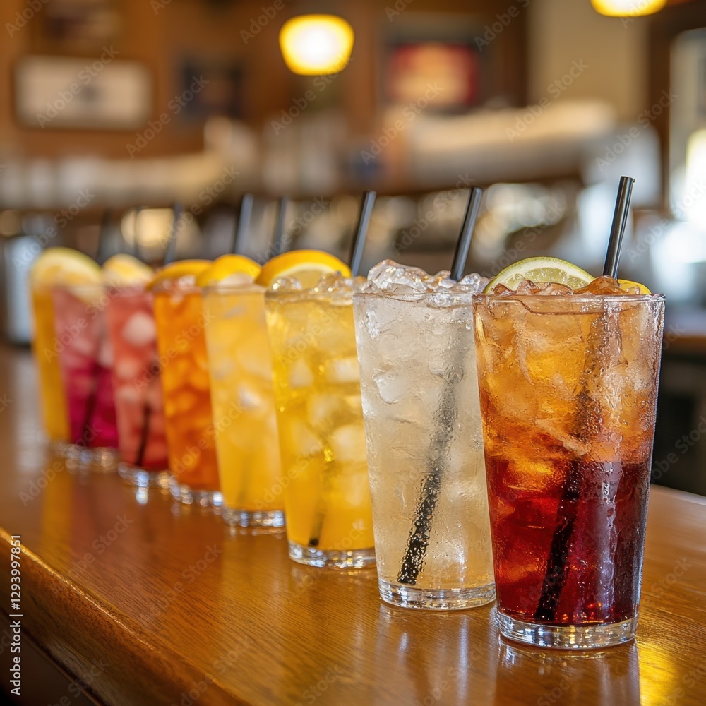 Poster refreshing array of colorful cocktails lined up on a wooden bar top showcasing vibrant hues and icy 