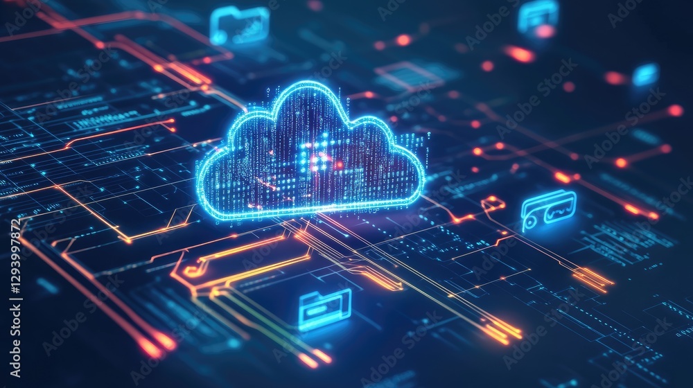 Poster Cloud computing communication concept with floating digital icons and networks.