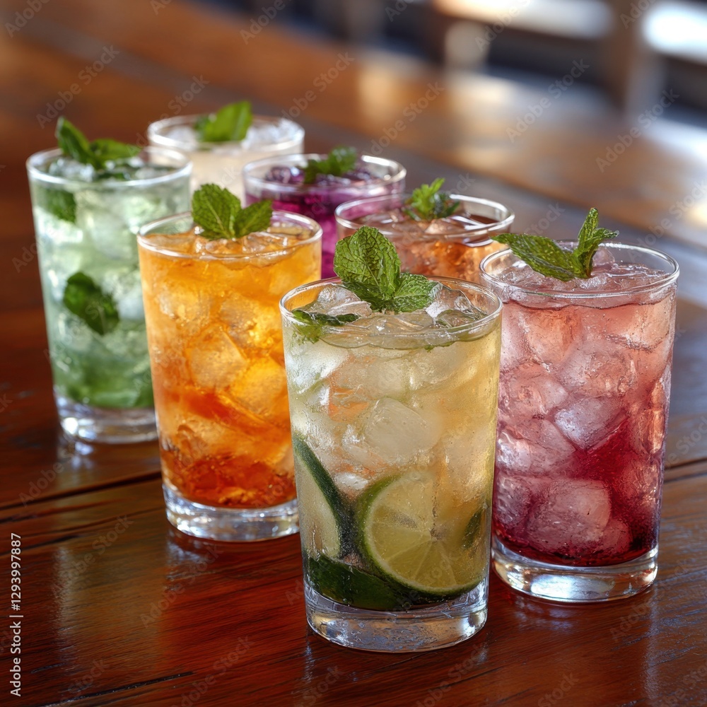 Poster refreshing array of colorful cocktails with ice and mint on wooden table capturing a vibrant and inv