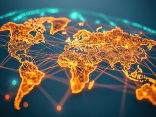 Global Network Connection with Orange Lines and Dots on a Dark Blue Background Representing Worldwide Communication and Connectivity
