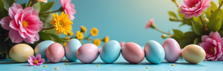 Easter Eggs Are Placed On A Blue Holiday Table Setting Surrounded By Colorful Flowers And Soft Lighting.