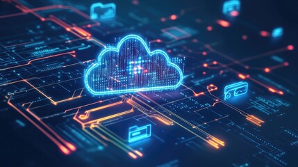 Cloud computing communication concept with floating digital icons and networks.