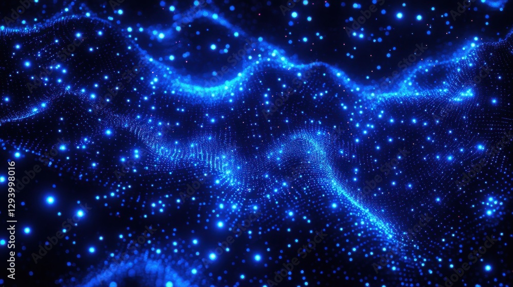 Poster abstract blue background with sparkling light particles in motion