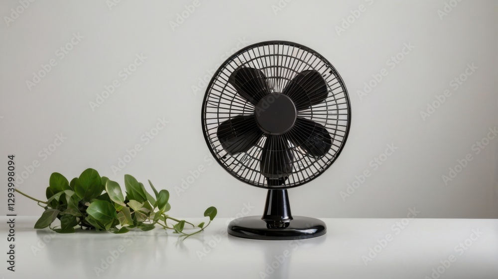 Poster vintage black table fan with square head featuring a decorative plant on a white surface in a studio