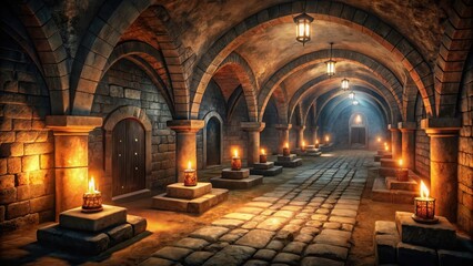 Obraz premium Dark Old Vaulted Catacomb Dungeon with Ancient Tombstones and Flickering Torches , tombstones, old, tombstones, old