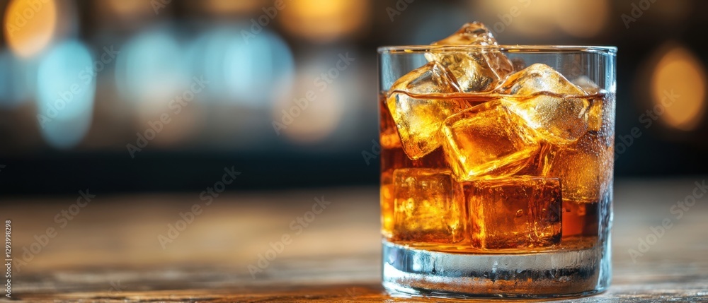 Poster refreshing whiskey with ice cubes on a wooden table with blurred background creating a warm and invi