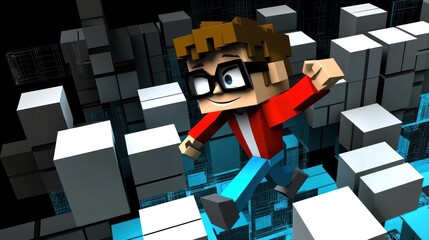 Pixelated man navigating a digital city, 3D rendered