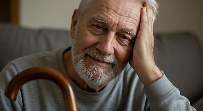 Portrait of Thoughtful Senior Man with Cane Resting and Looking at Camera - Powered by Adobe