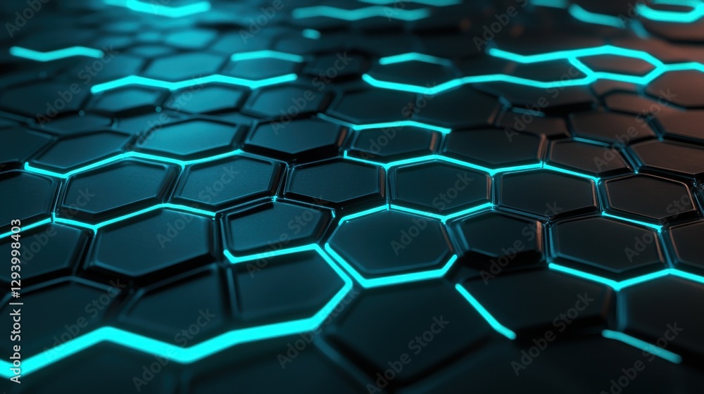 Poster glowing hexagonal pattern on dark surface with neon blue lines