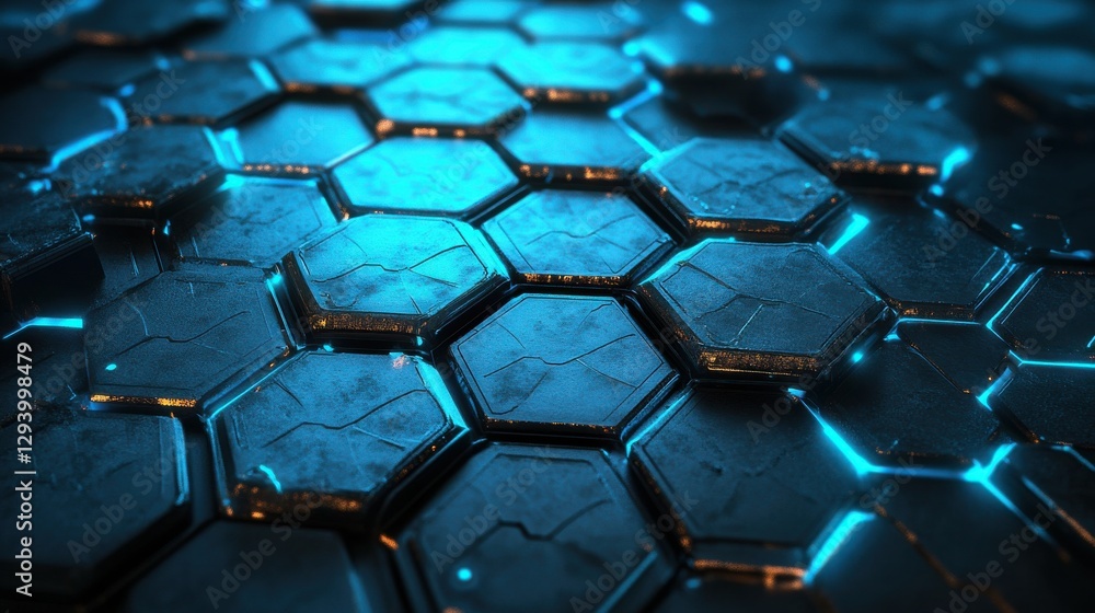 Poster blue glowing hexagonal pattern with textured surface and light effects