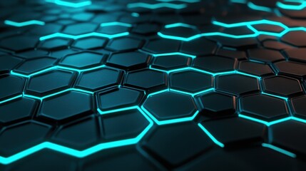 Naklejka premium Glowing Hexagonal Pattern on Dark Surface with Neon Blue Lines