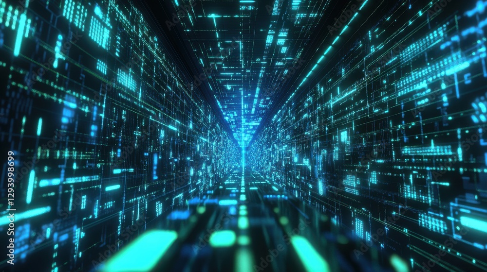 Poster futuristic digital tunnel with glowing data streams and patterns