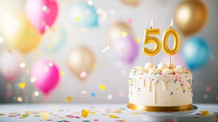 Birthday celebration with a decorated cake, balloons, confetti and number 50 candle. Fiftieth anniversary concept