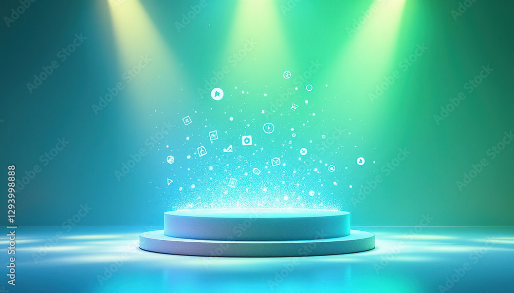 Poster digital platform launch presentation stage with glowing icons