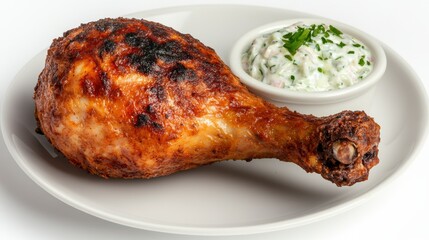 Grilled chicken leg with a side of creamy, herbed yogurt sauce, served on a white plate. The chicken has a crispy, golden brown skin and is well