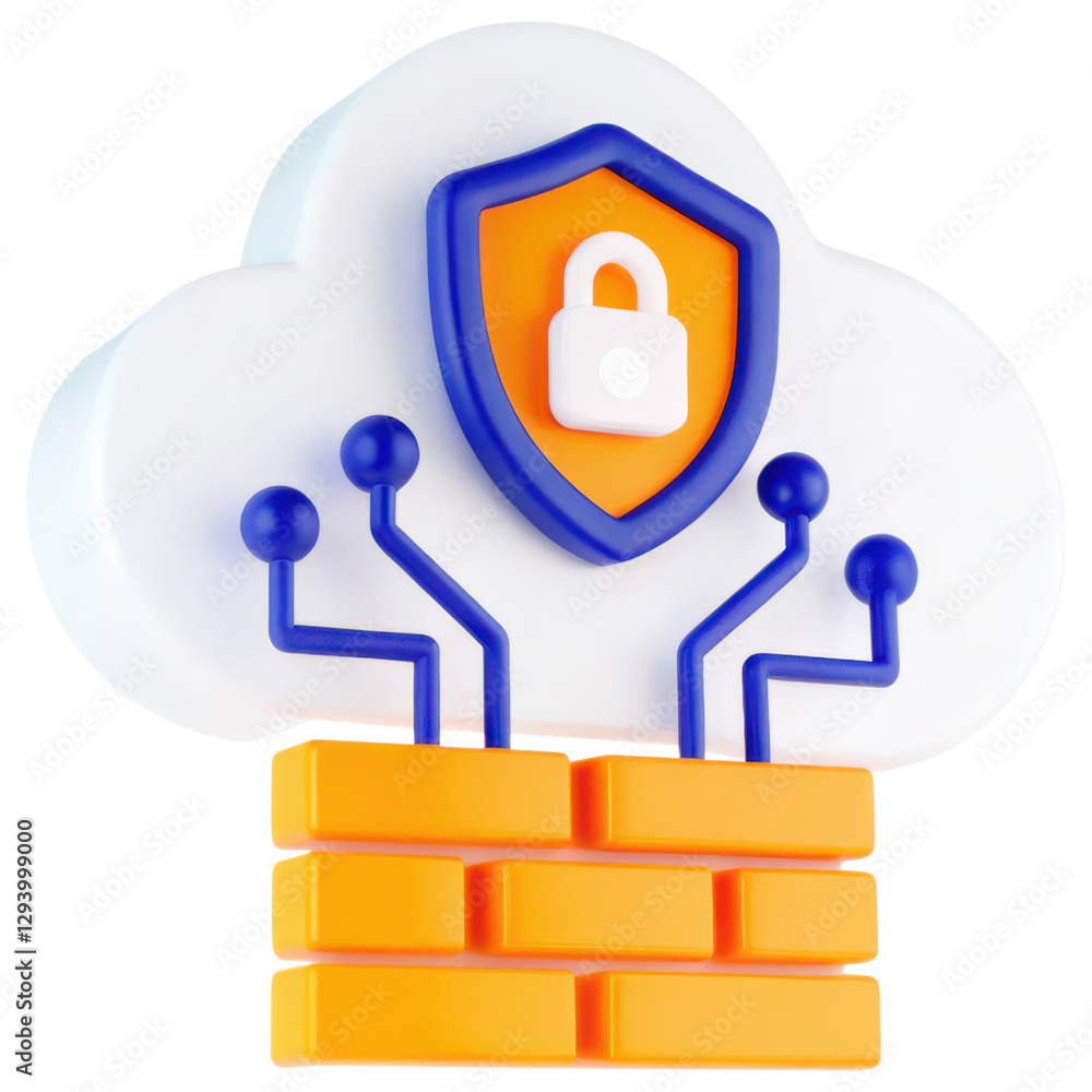 Aufkleber 3d illustration of cloud security with a shield and lock on a brick wall.