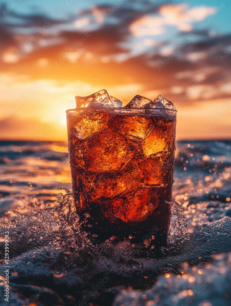 Poster refreshing cola drink with ice cubes on ocean beach at sunset creating a vibrant and stunning visual