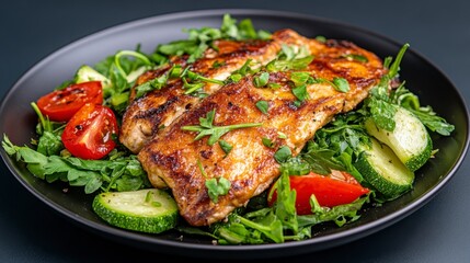 Grilled fish fillets on a bed of fresh greens, cherry tomatoes, and zucchini. Healthy and appetizing meal