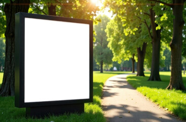 An empty billboard in a lush park awaits businesses to display their promotions on a sunny day