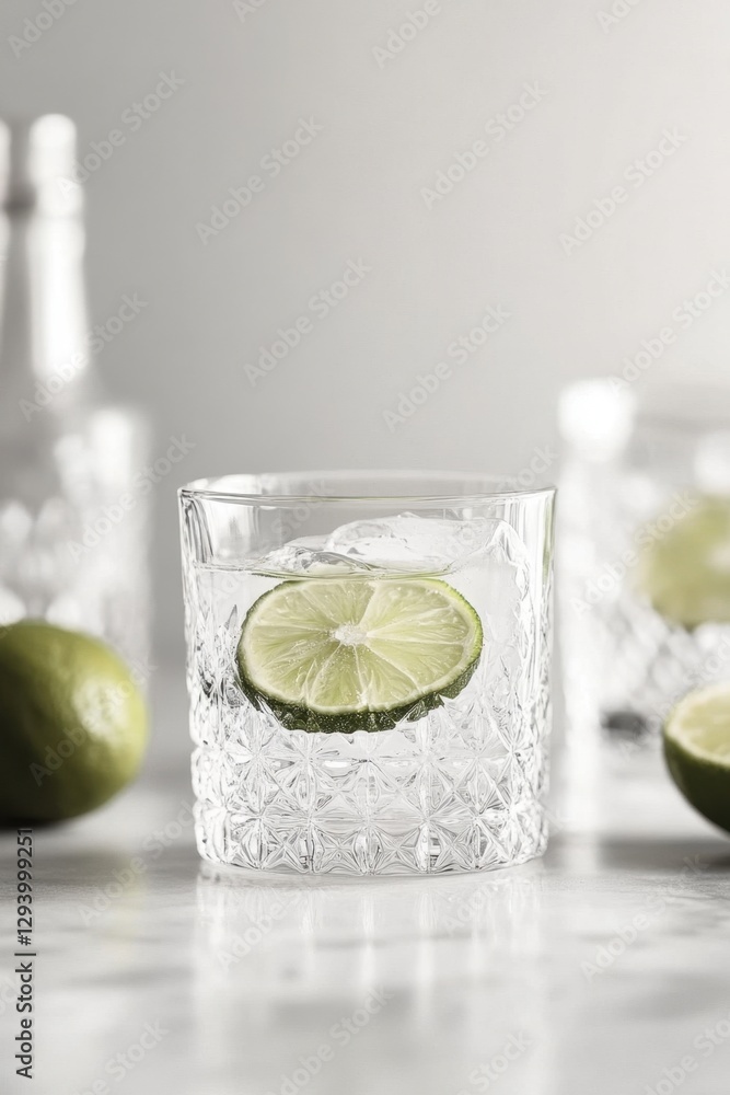 Poster refreshing gin and tonic with lime in a crystal glass with ice cubes on a marble surface in a minima