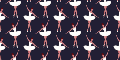 Pattern of dancing ballerina. Ballet dancer in white tutu on dark blue background. 
