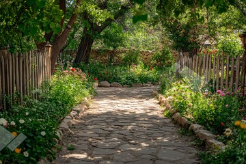 Spacious garden with blooming flowers, wooden fence, and a stone pathway.