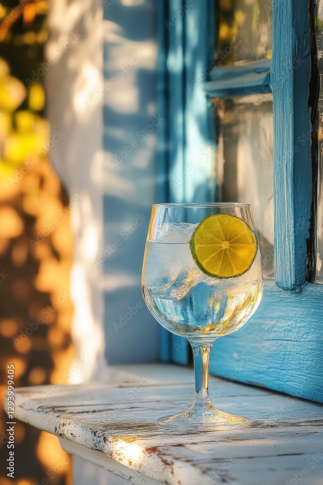 Poster refreshing gin and tonic with lime slice on rustic white table against blue window in sunlight summe