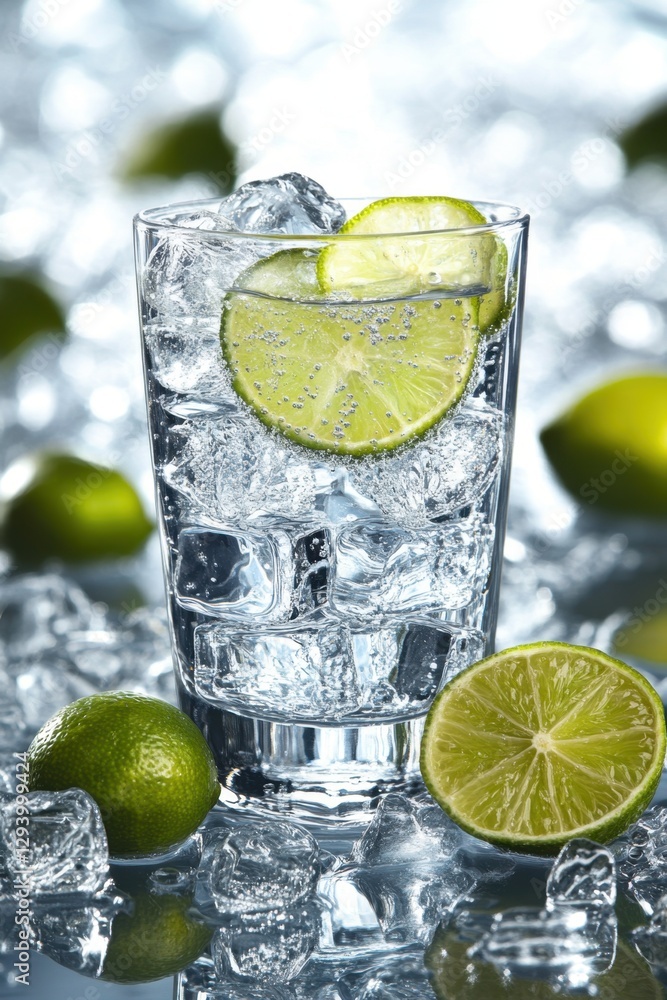 Poster refreshing lime infused water with ice cubes in a glass on a sparkling surface creating a cool and v
